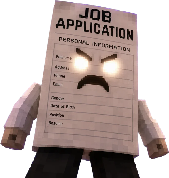 Unemployment Final Boss: an angry job application form with arms and legs